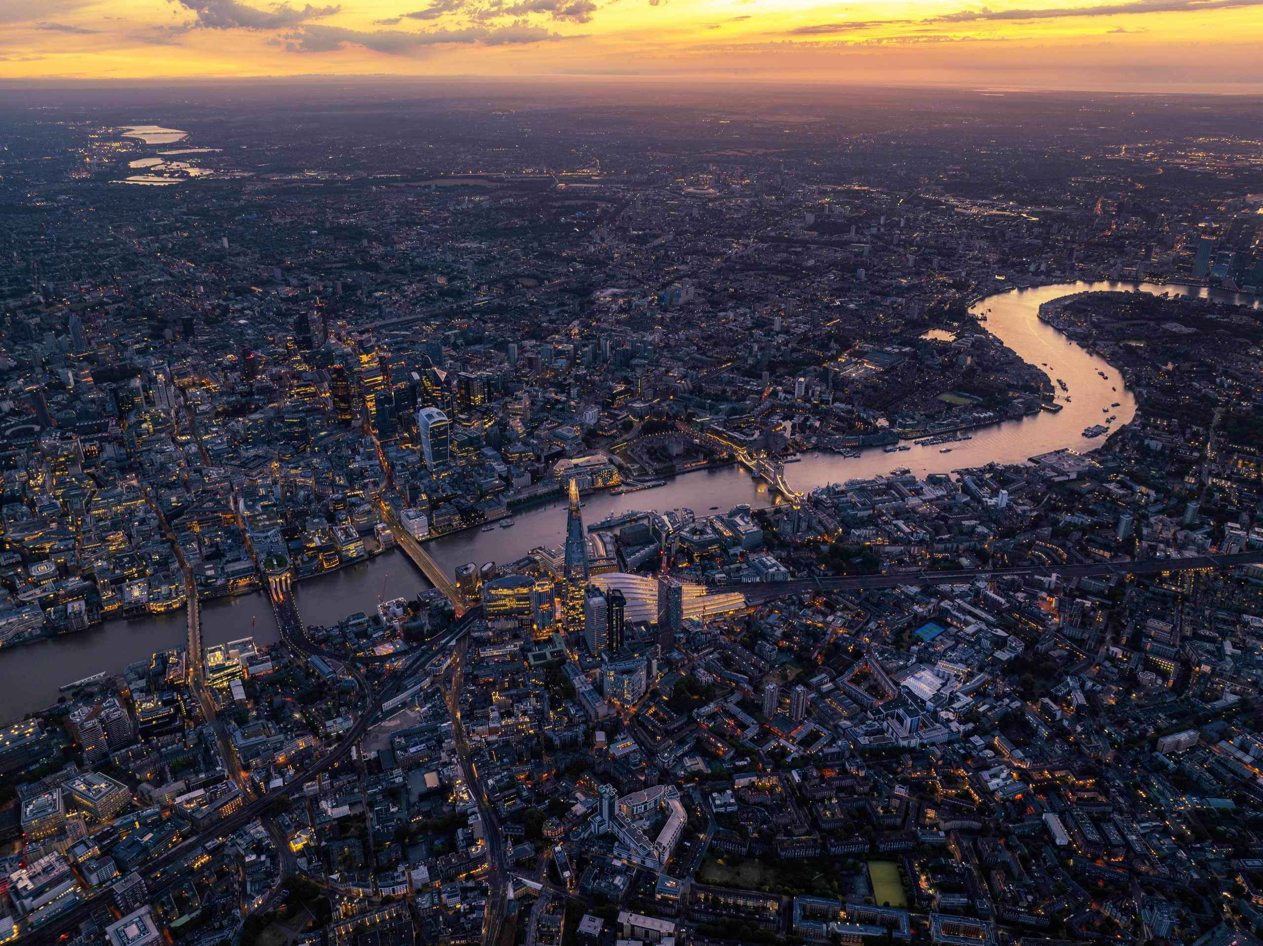 An aerial view of the River Thames at sunset